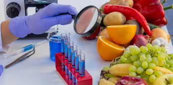Scientist examining fresh fruits and vegetables with a magnifying glass in a lab. 